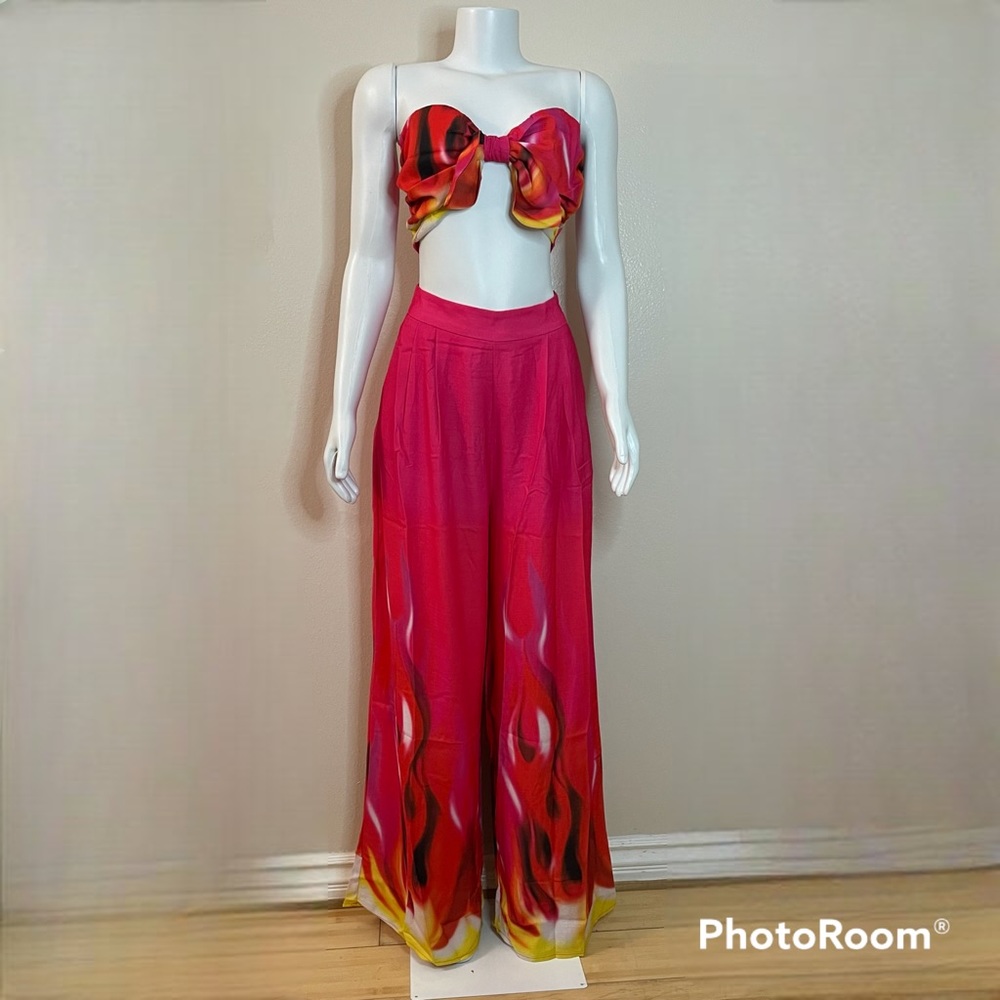 Pink flame print bow front shirred bandeau top and high waisted pants cover up